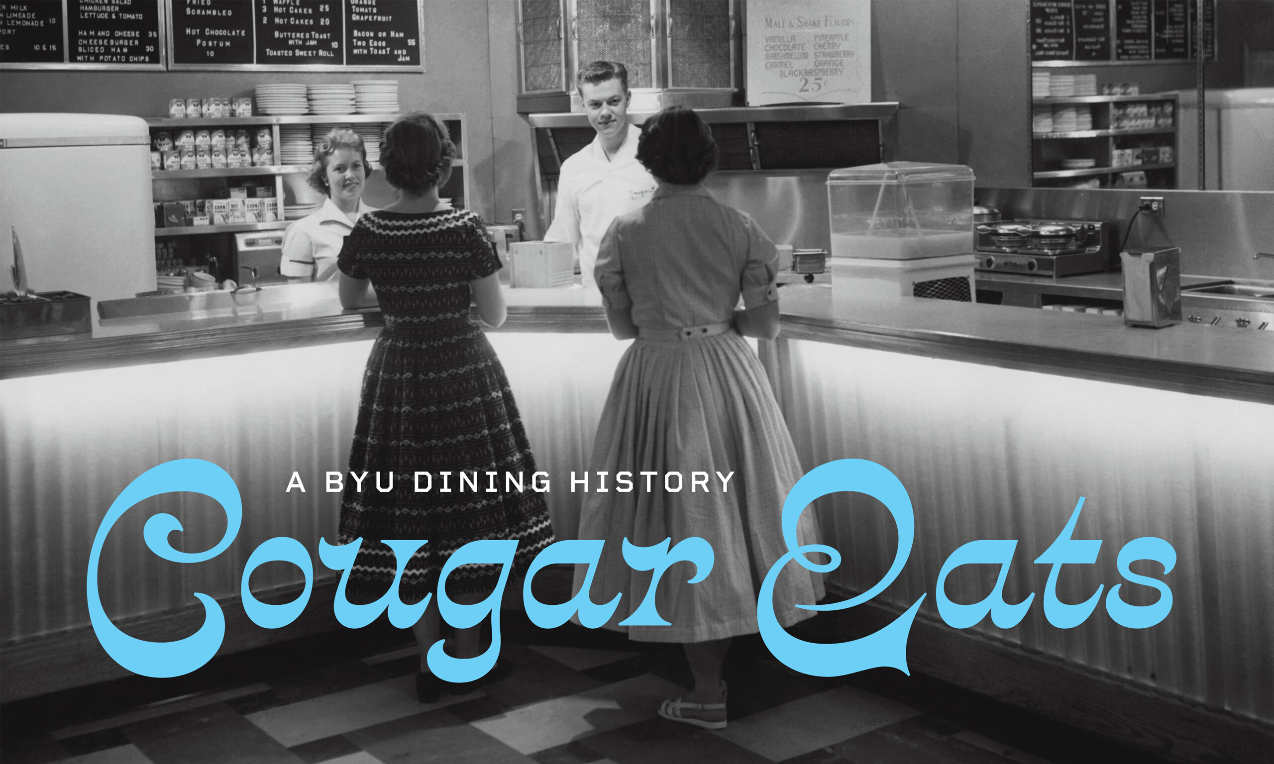 A black-and-white image of two women eating with blue text over top that reds Cougar Eats.