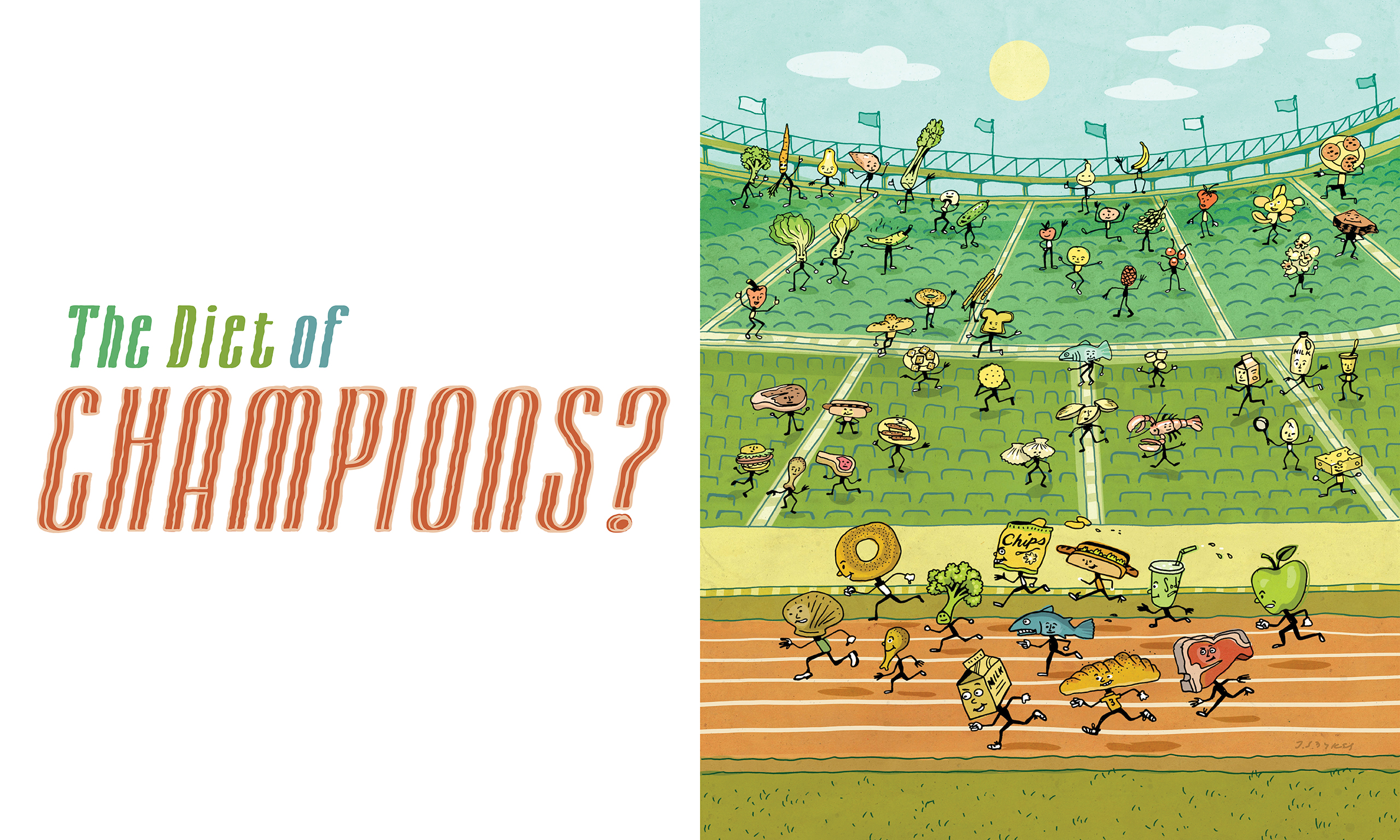 Title image for article "The Diet of Champions?" with an illustration of different kinds of foods in a race. 