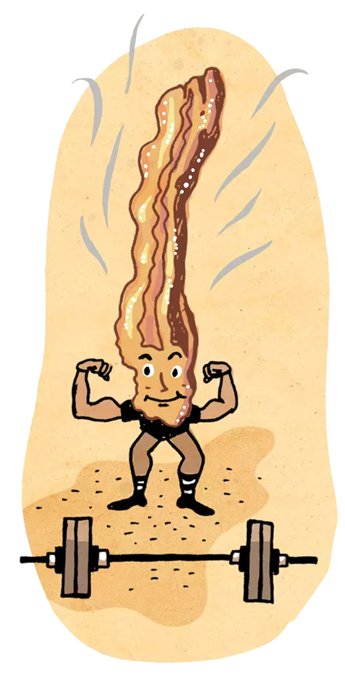 A bacon character flexes its muscles.