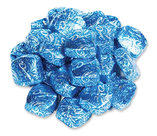 A pile of Dove chocolates wrapped in blue foil