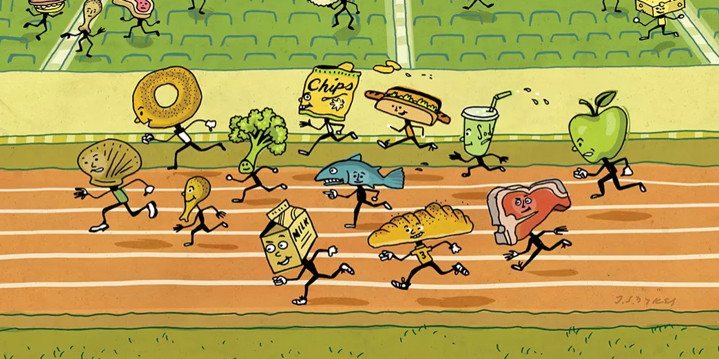 An illustration of different kinds of foods in a race.