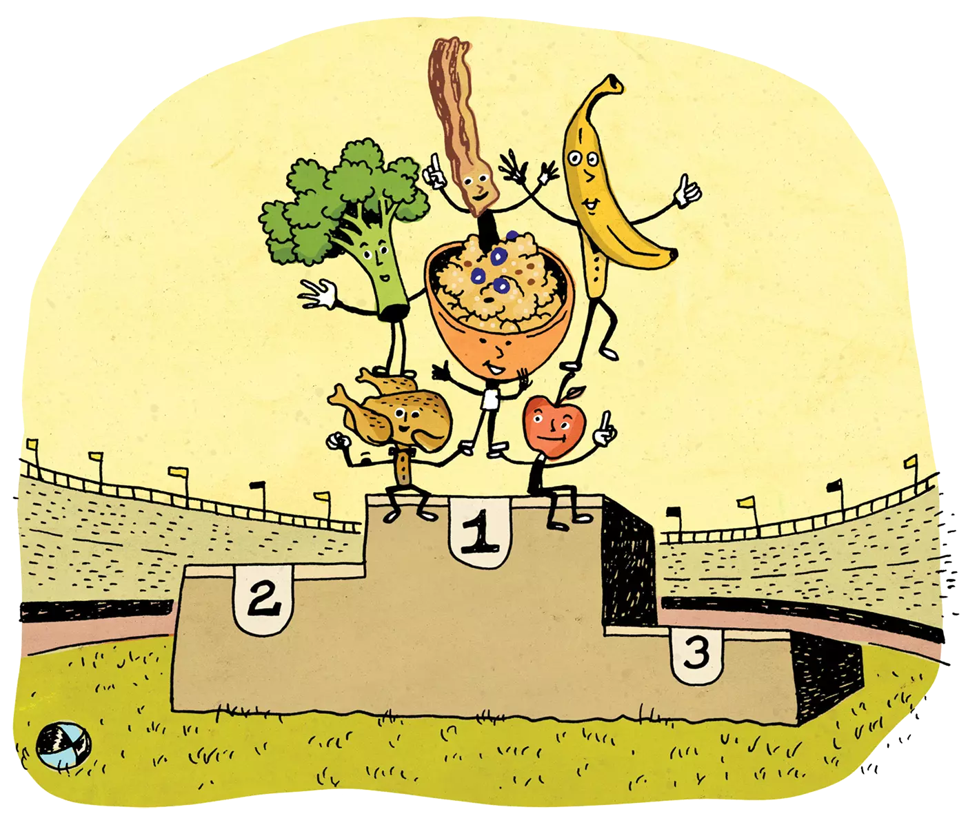 Vegetables stand together at the top of a winners podium.