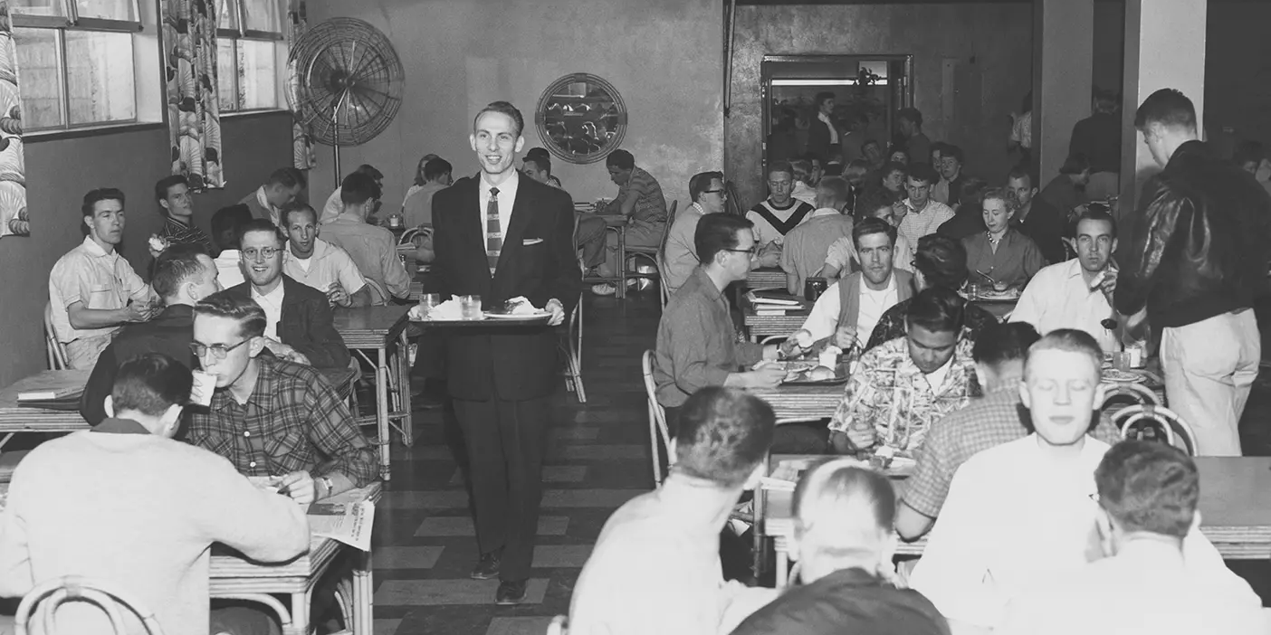 1950s students eat at the cafeteria in the old Joseph Smith Building on BYU campus.
