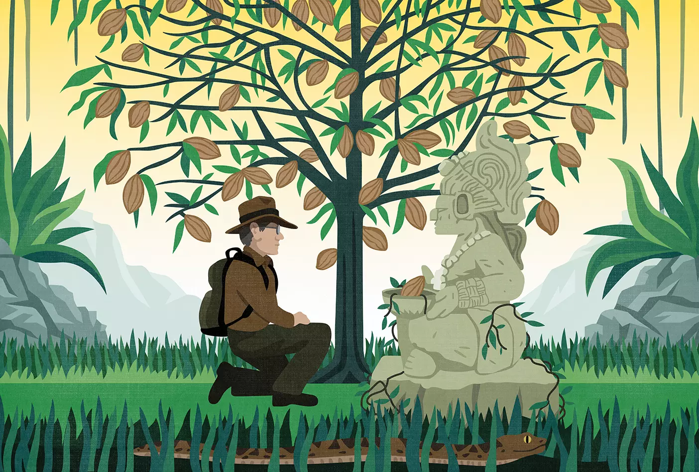 An illustration of a professor with a backpack and adventuring hat approaches a Maya statue with a cacao tree in the background.