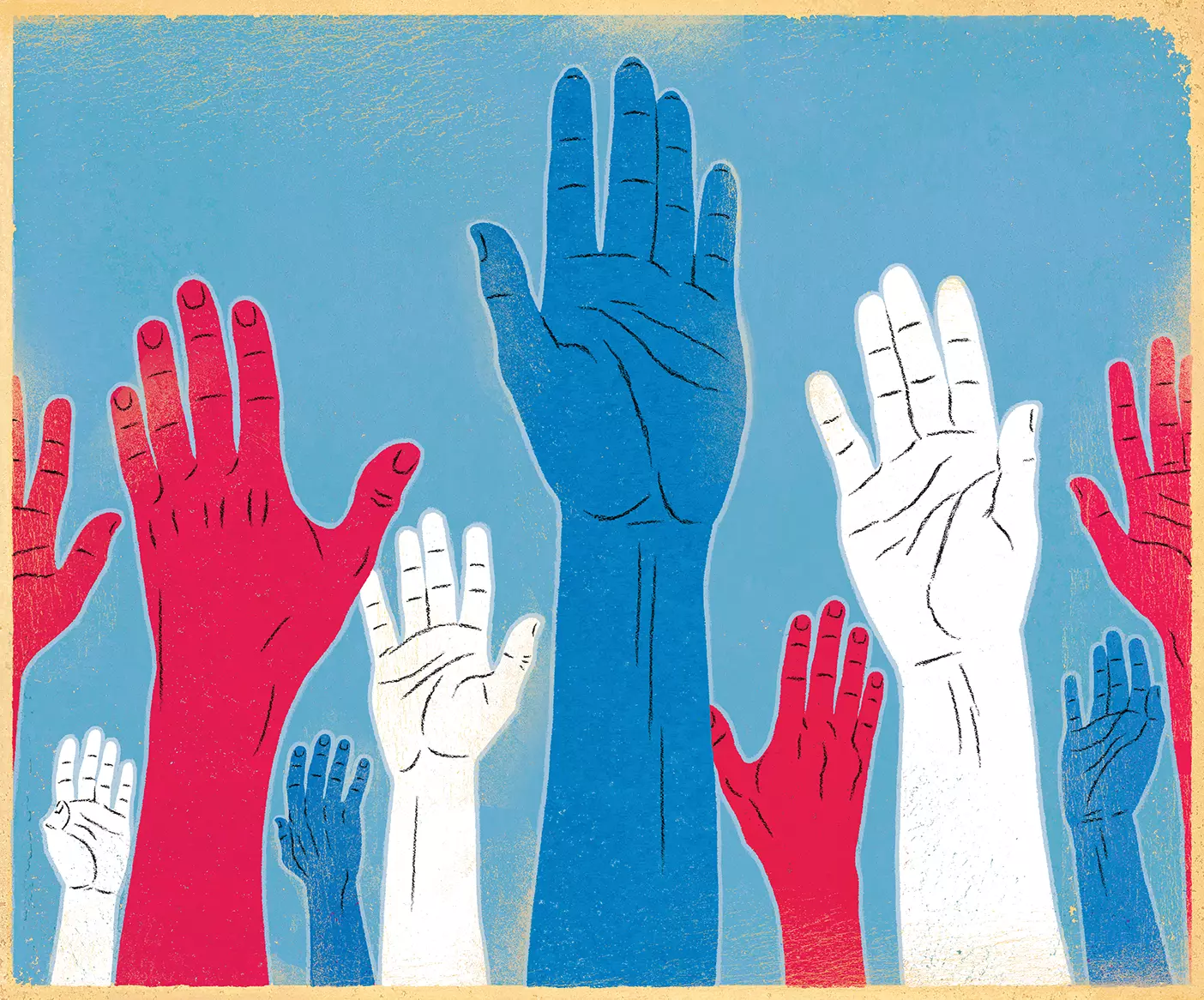 An illustration of red, white, and blue hands raised up.