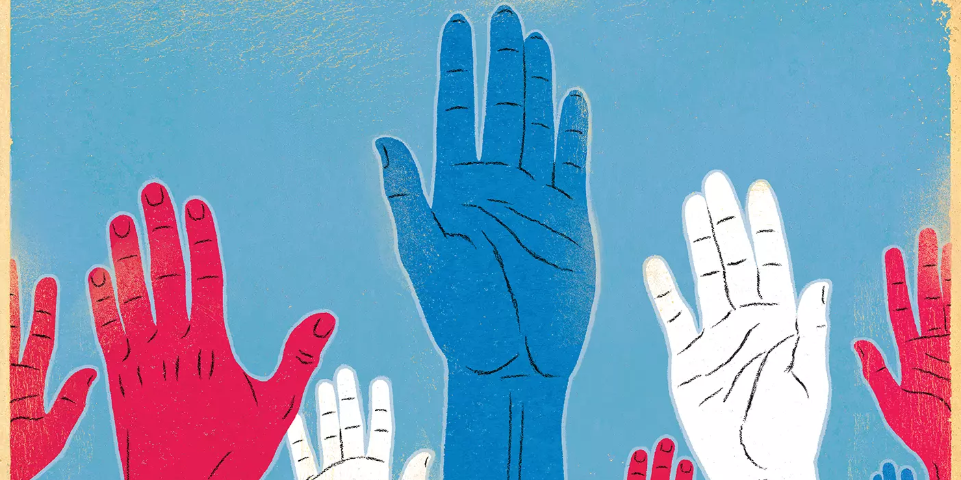 An illustration of red, white, and blue hands reaching upward.