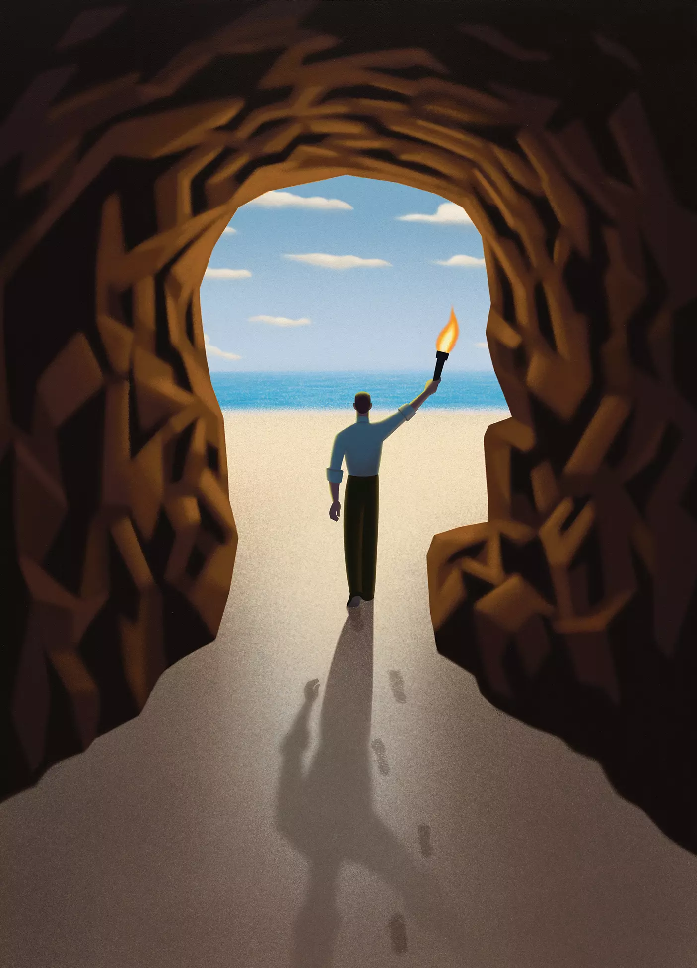 A man walks out of a dark cave onto a sunlight beach while carrying a torch.