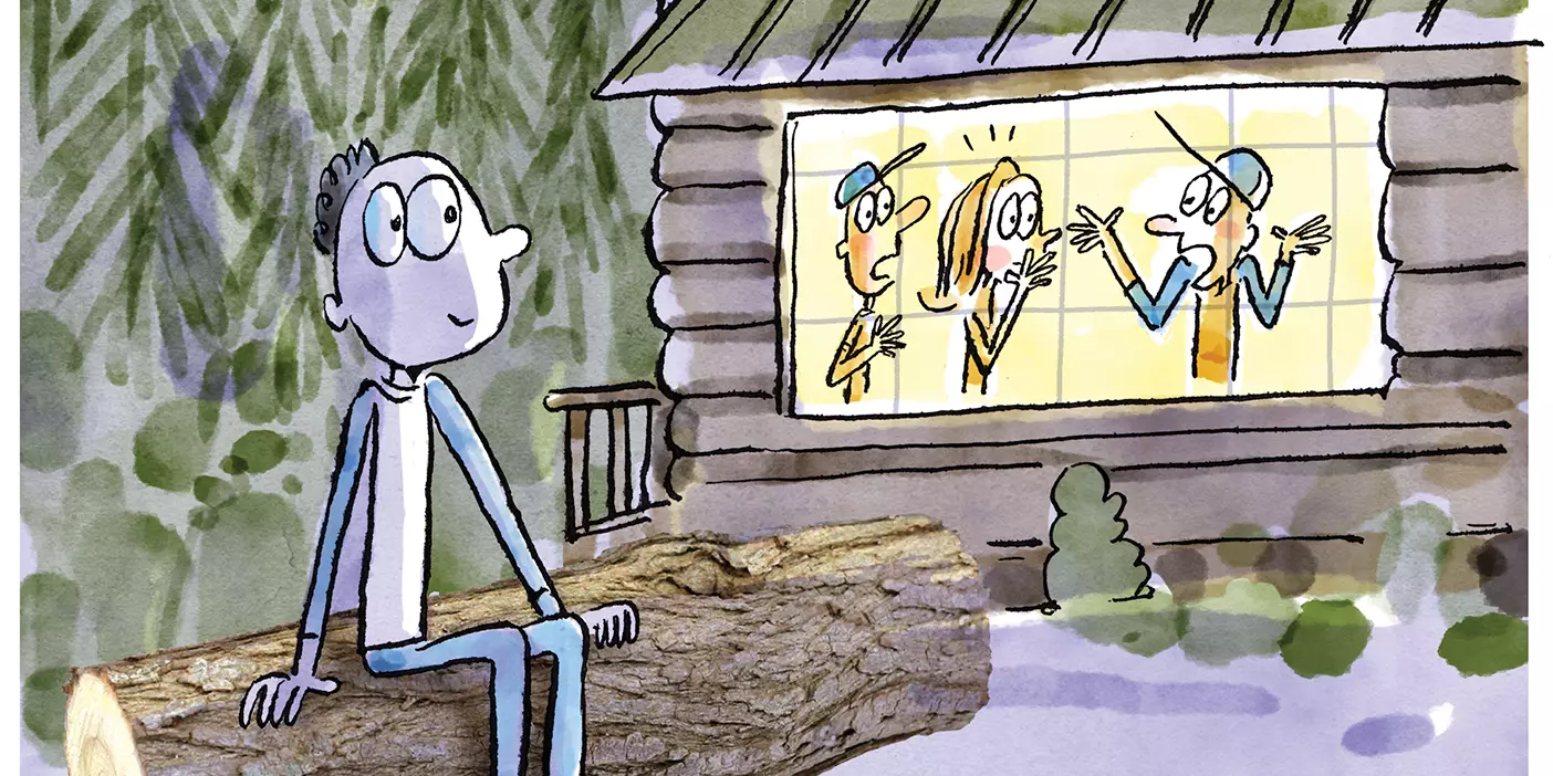 A cartoon depiction of a BYU student sitting on a log outside a rustic cabin where others are organizing a search party.