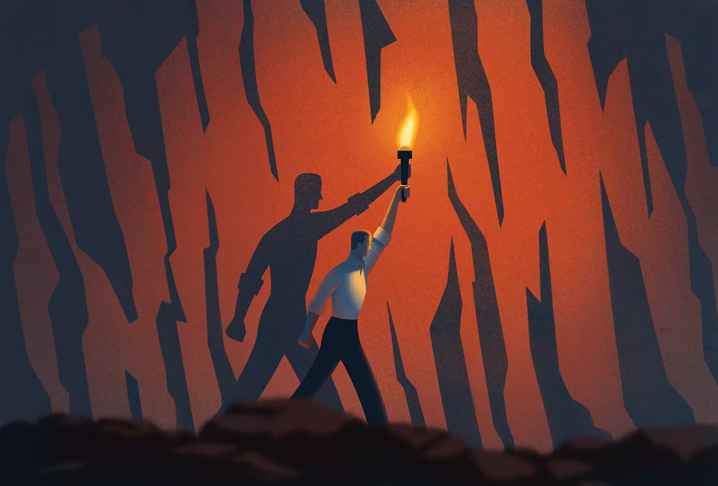 An illustration of a man holding a torch confidently above his head as he walks through a dark cave.