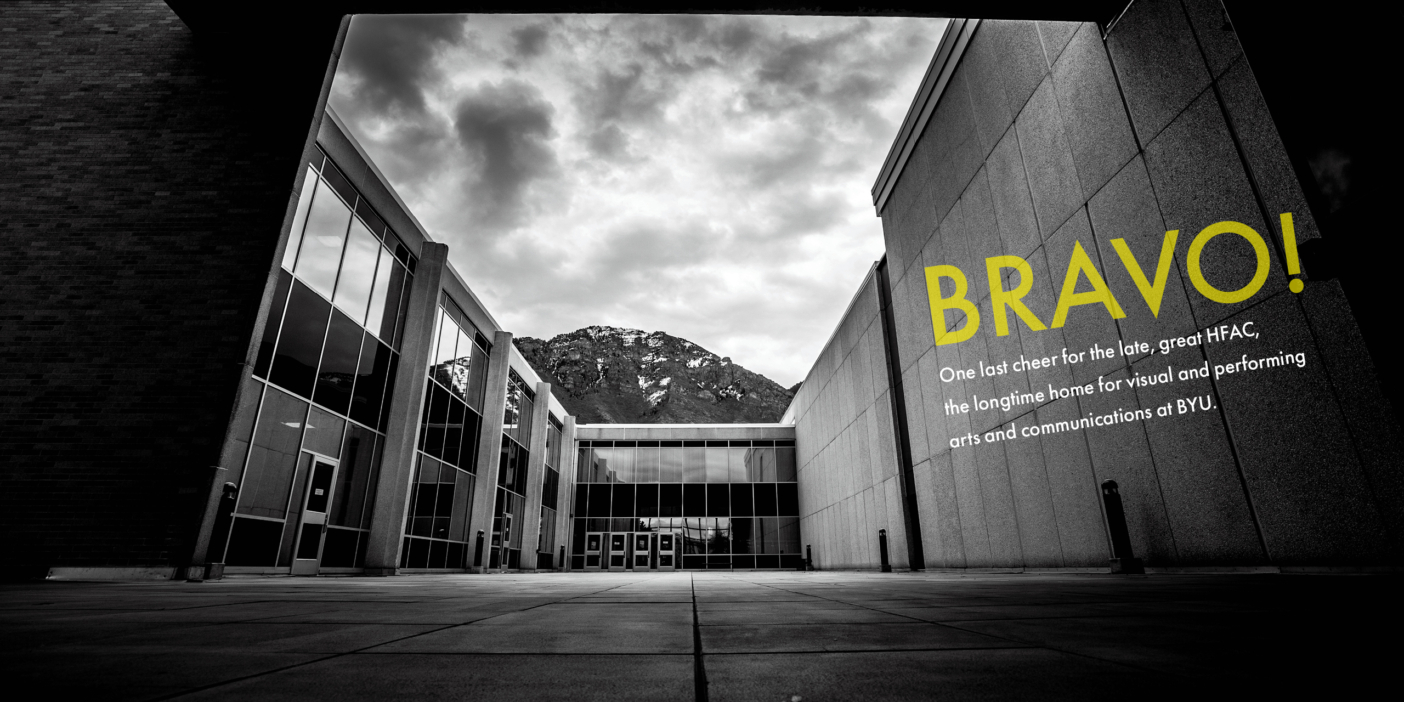 Harris Fine Arts Center courtyard with the title "Bravo!" in text.