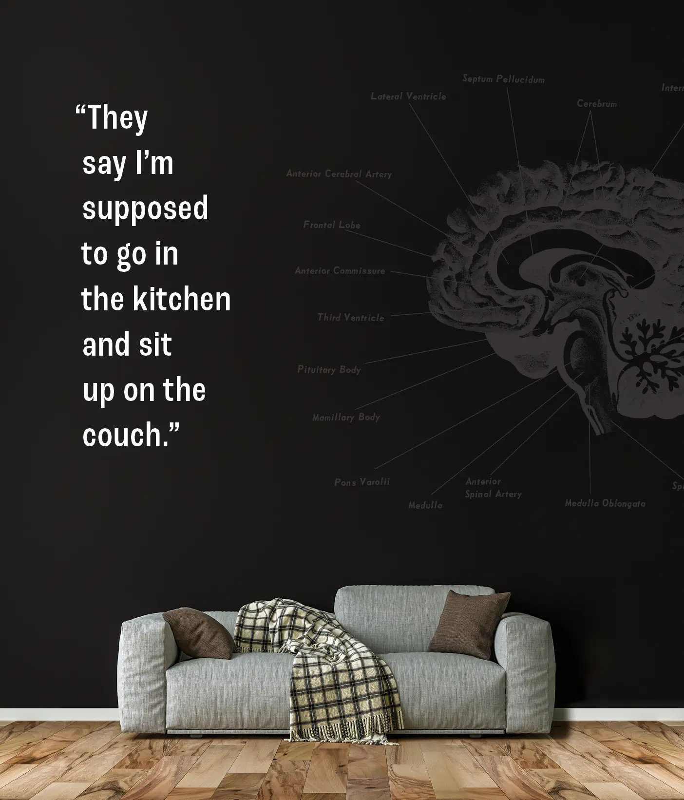 An image of a couch with a brain diagram overlaid. A quote across the top reads, "They say I'm supposed to go in the kitchen and sit up on the couch."