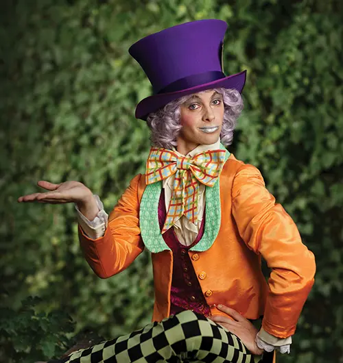 A BYU student in costume as the Mad Hatter for a BYU performance.