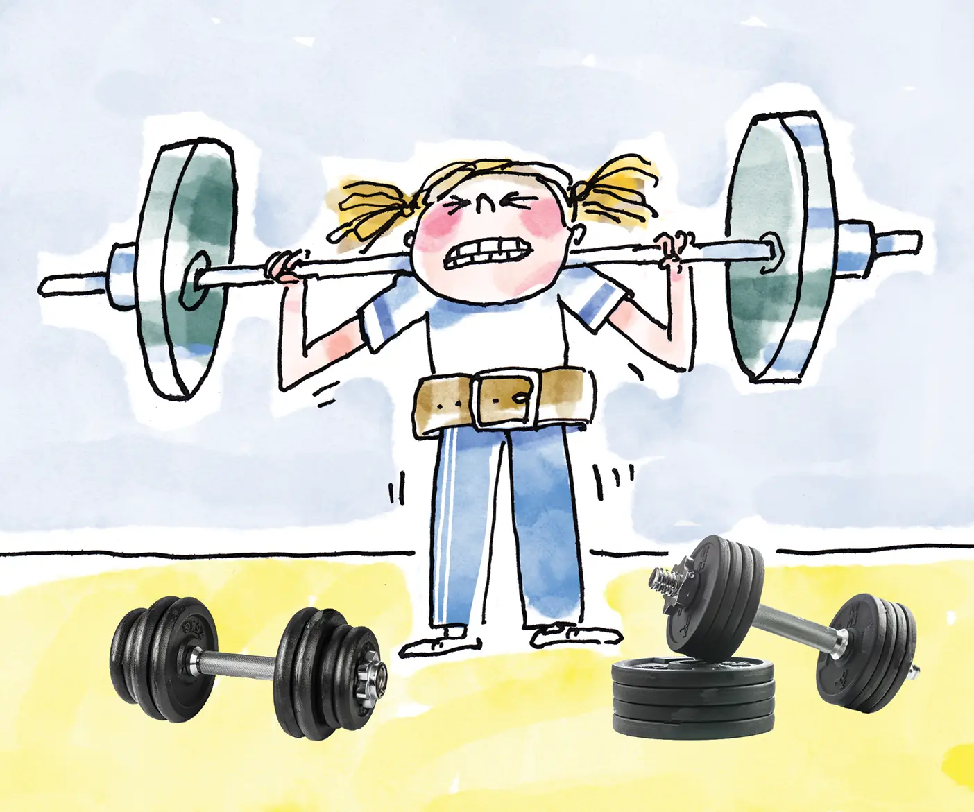 An illustration of a female college student strains to raise a heavy weightlifting barbell. Stacks of dumbbells and weights sit in the foreground.