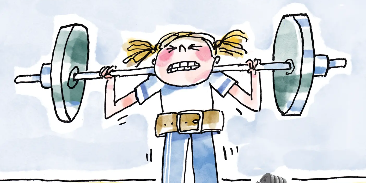 An illustration of a female college student strains to raise a heavy weightlifting barbell. Stacks of dumbbells and weights sit in the foreground.
