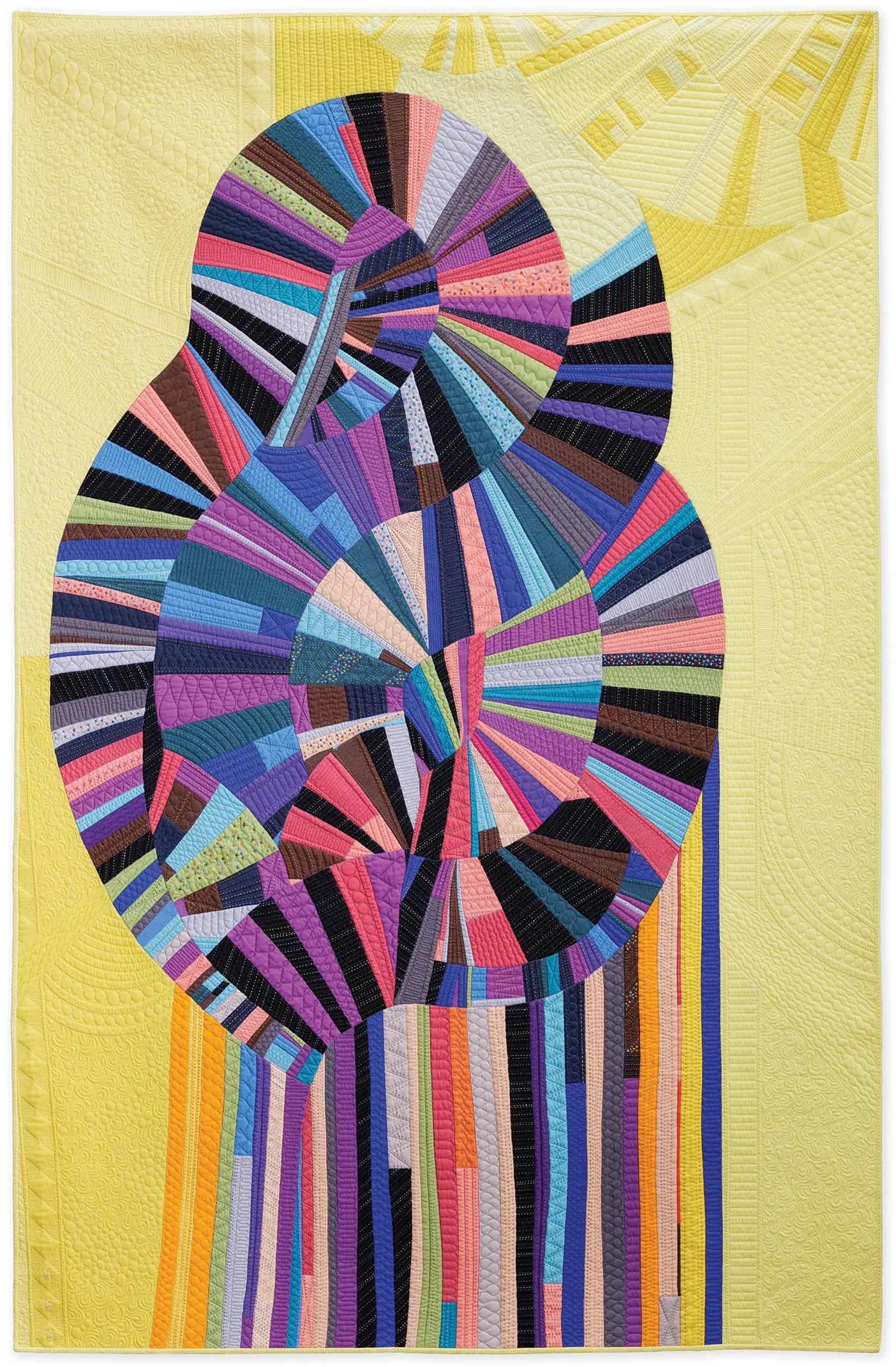Burton’s award-winning quilt Madonna features a colorful swirl of various fabrics and colors--pink, purple, brown, green, salmon, orange, and black. Tassel like rectangular strips stream down from the central swirling pattern, and all of it is set against a pale yellow background reminiscent of sunshine.