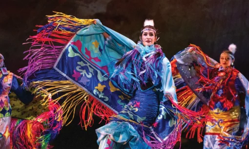 Students in BYU's Living Legends performance ensemble perform a traditional Native American dance.