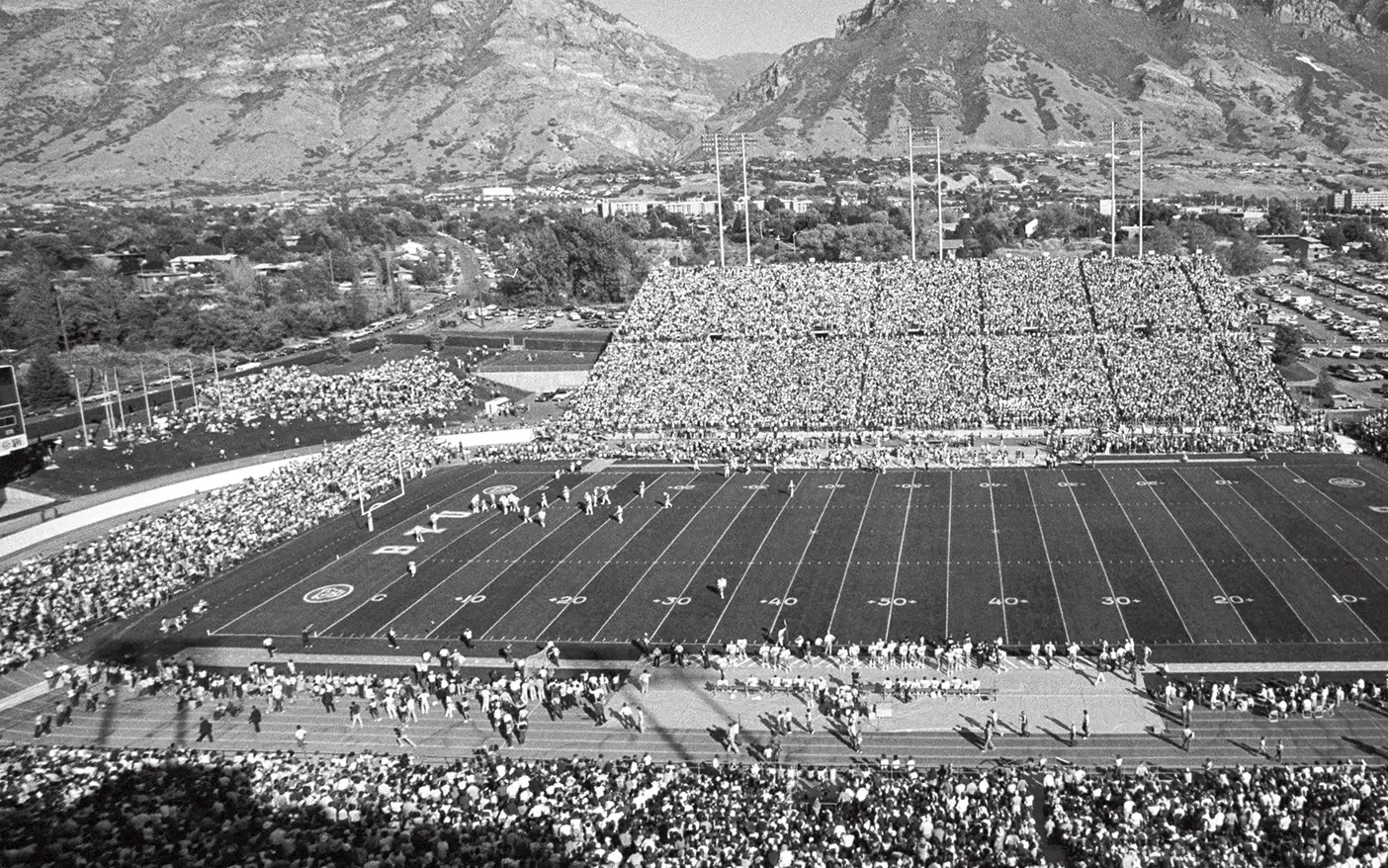 A vintage photo of LaVell Edwards Stadium during a football game in the early 80s.