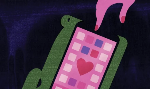 An illustrated crocodile with a smartphone in its mouth and a pink hand reaching down to access a dating app.