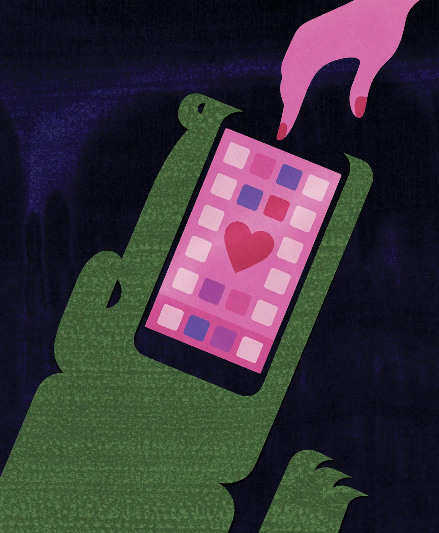 An illustrated crocodile with a smartphone in its mouth and a pink hand reaching down to access a dating app.