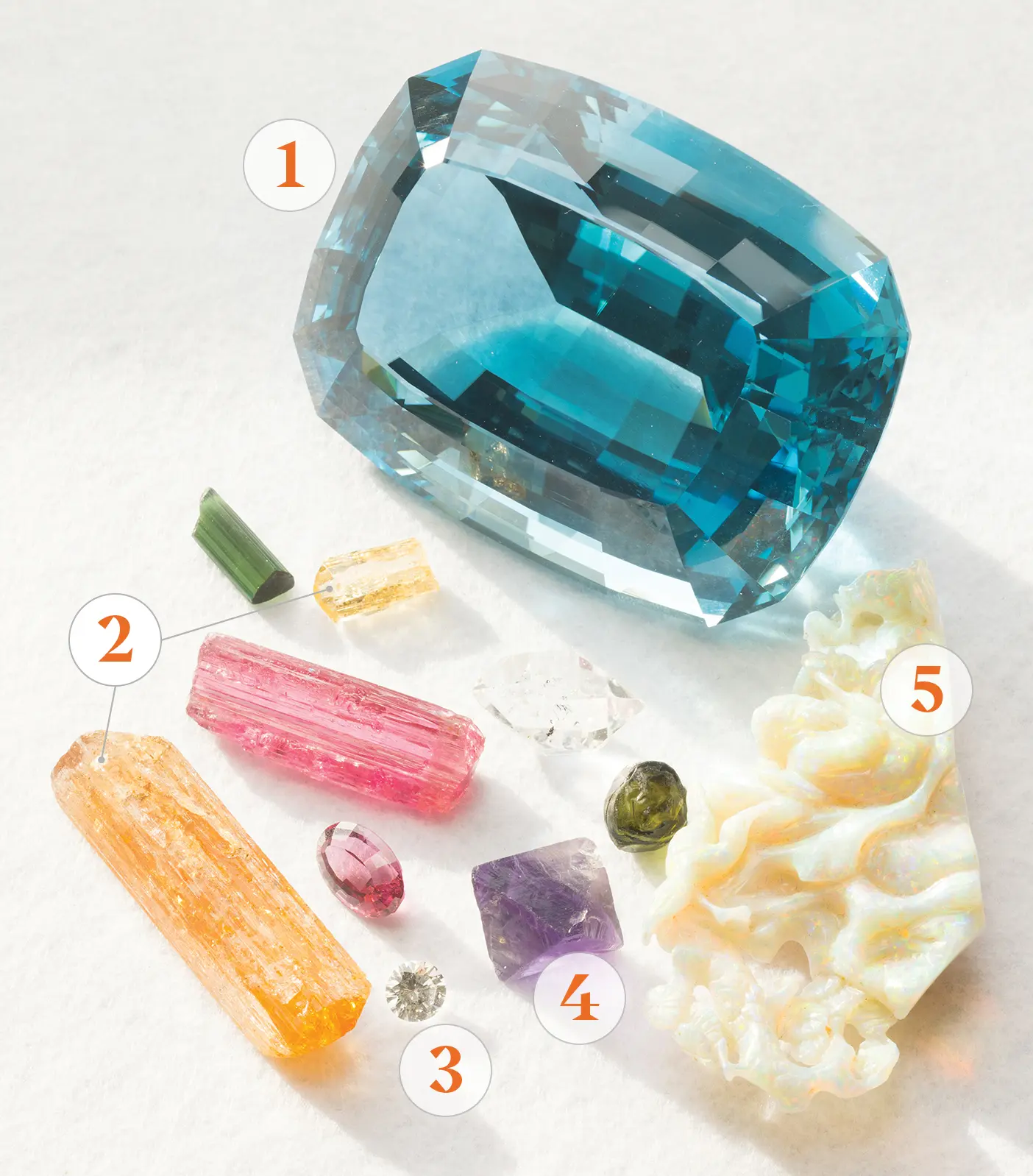 Number 1 labels a blue topaz, 2 and 3 label yellow imperial topaz stones, 3 labels a diamond, 4 labels a purple gem, and 5 labels an iridescent opal.