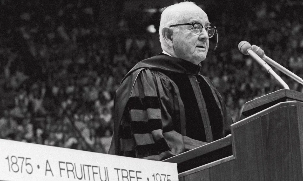 President Kimball speaks in his 1975 "Second Century Address" as part of BYU's centennial celebration.