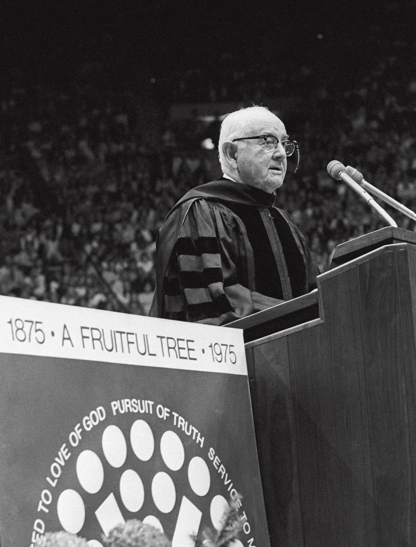 President Kimball speaking in his 1975 "Second Century Address" to BYU campus in its centennial celebration.