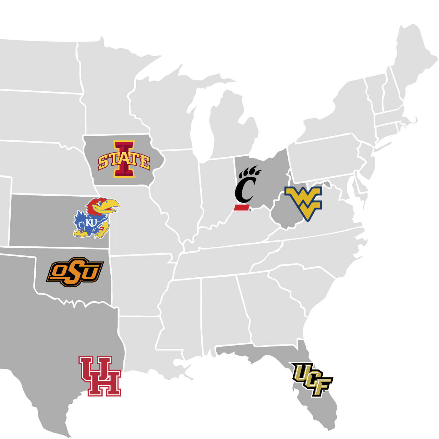 A map of the US showing locations of schools in the Big 12