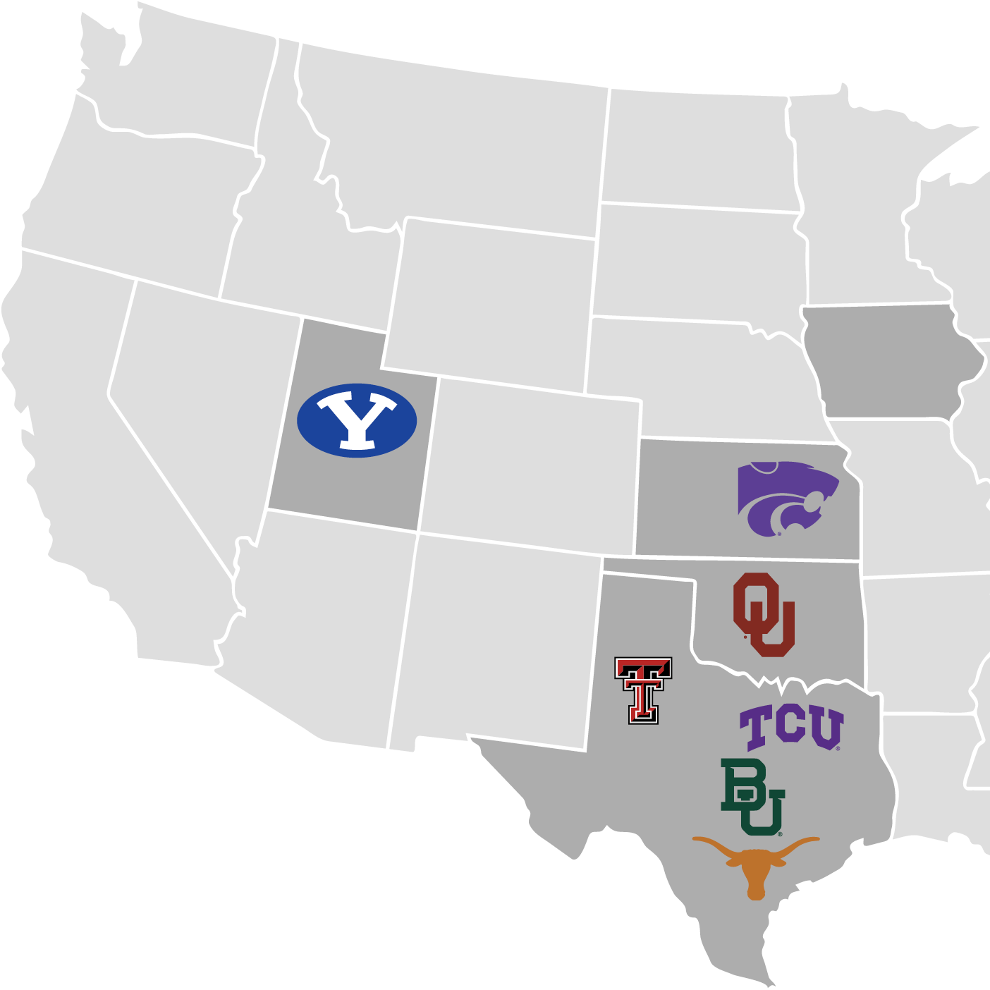 A map of the US with logos for schools from the Big 12