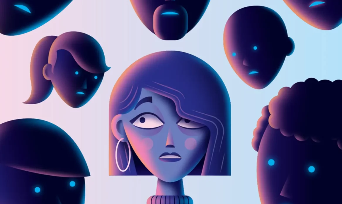 A woman in a purple turtleneck clutches a megaphone to her chest, glancing timidly at a cluster of floating, disembodied heads that surround her and fix her with judgmental gazes.