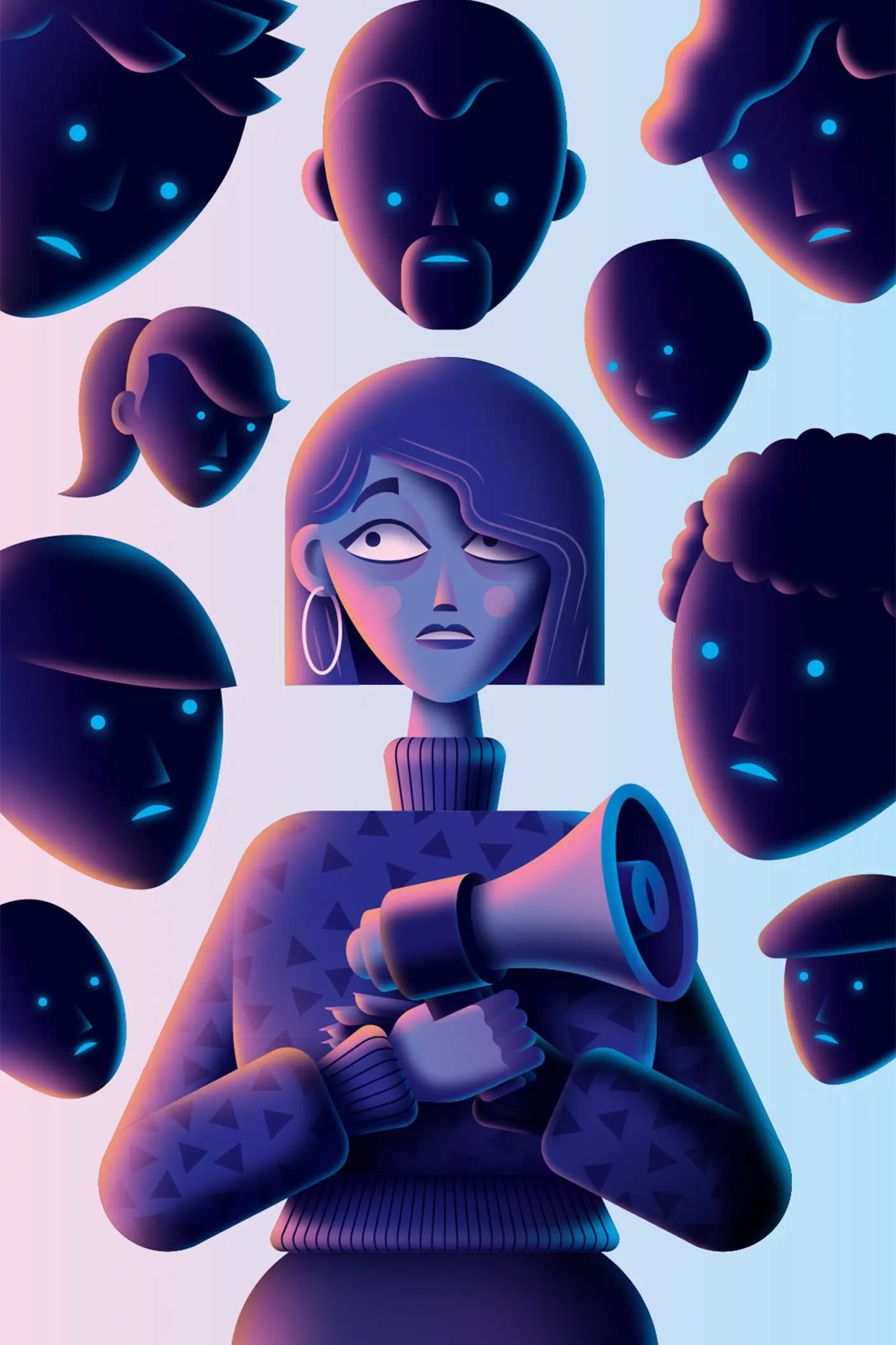 A woman in a purple turtleneck clutches a megaphone to her chest, glancing timidly at a cluster of floating, disembodied heads that surround her and fix her with judgmental gazes.