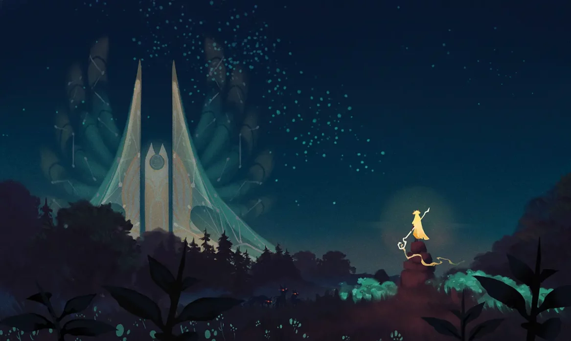 A glowing gold figure stands on a stone column overlooking a dark forest, gazing towards a tall, double-spired transparent structure on the horizon.