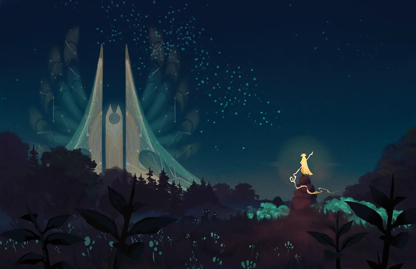 A glowing gold figure stands on a stone column overlooking a dark forest, gazing towards a tall, double-spired transparent structure on the horizon.