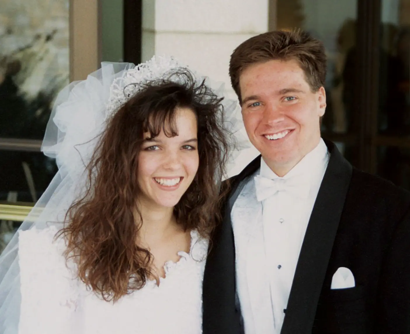 Wendy and Shane Reese dressed in wedding gown and tuxedo.