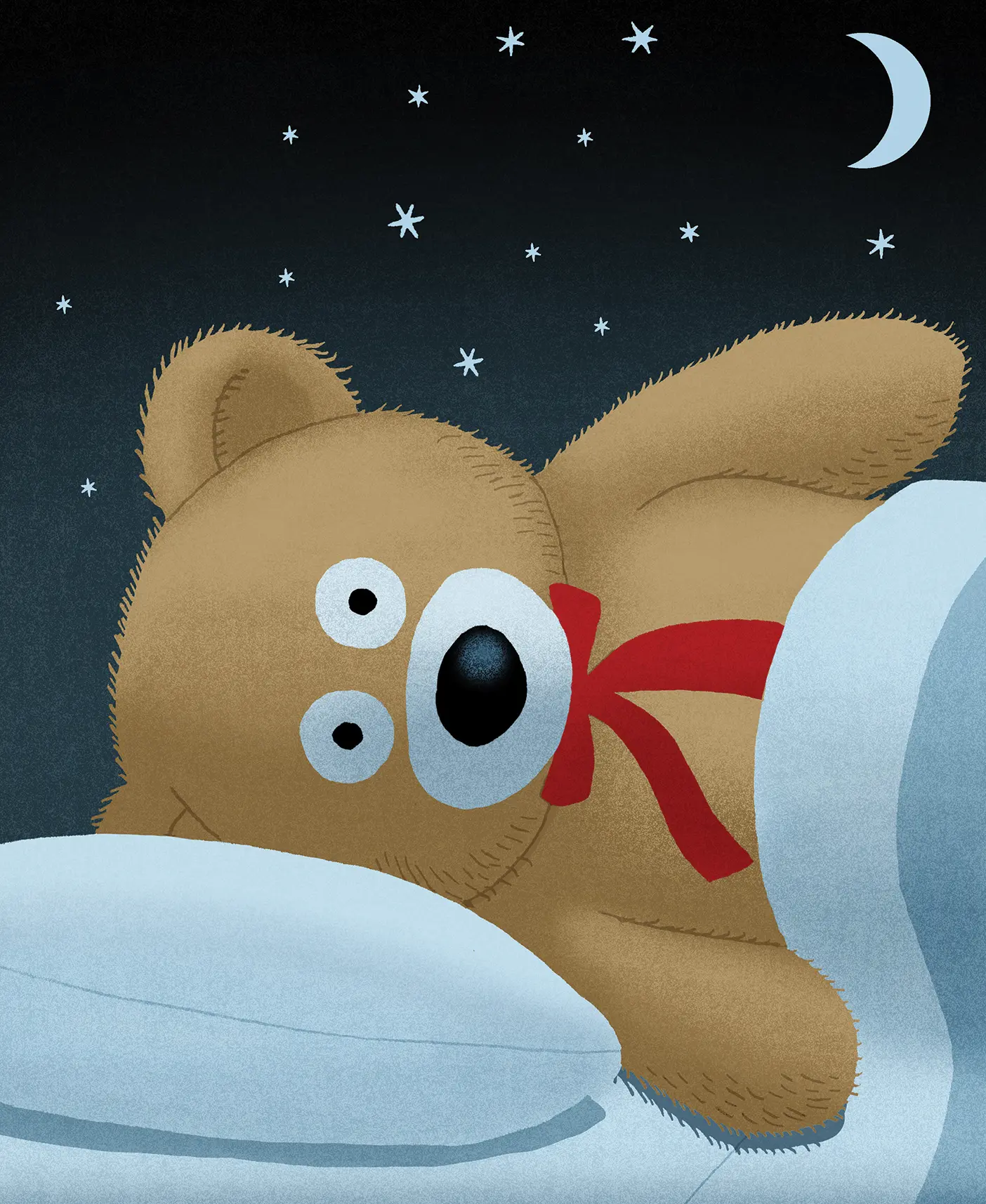 With the moon and stars shining in the night sky, a furry teddy bear with a red bow is lying in bed on a soft pillow, eyes big and wide awake.