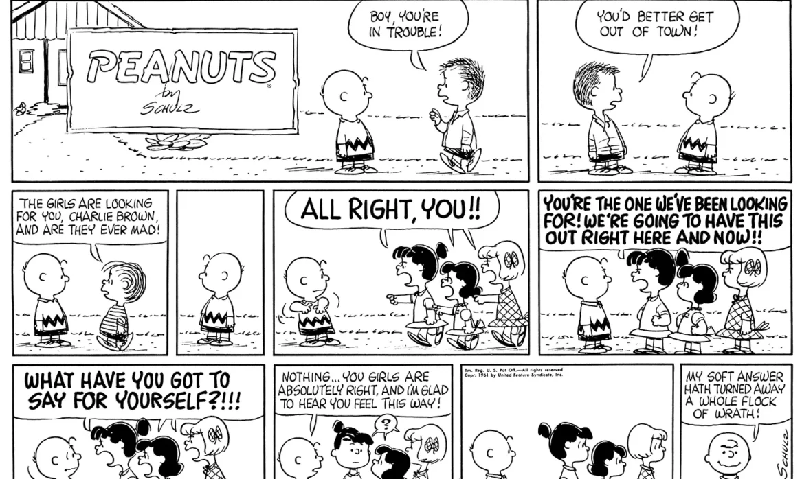 Lucy, Patty, and Violet scold Charlie Brown in a comic of Charles Schulz's Peanuts strip.