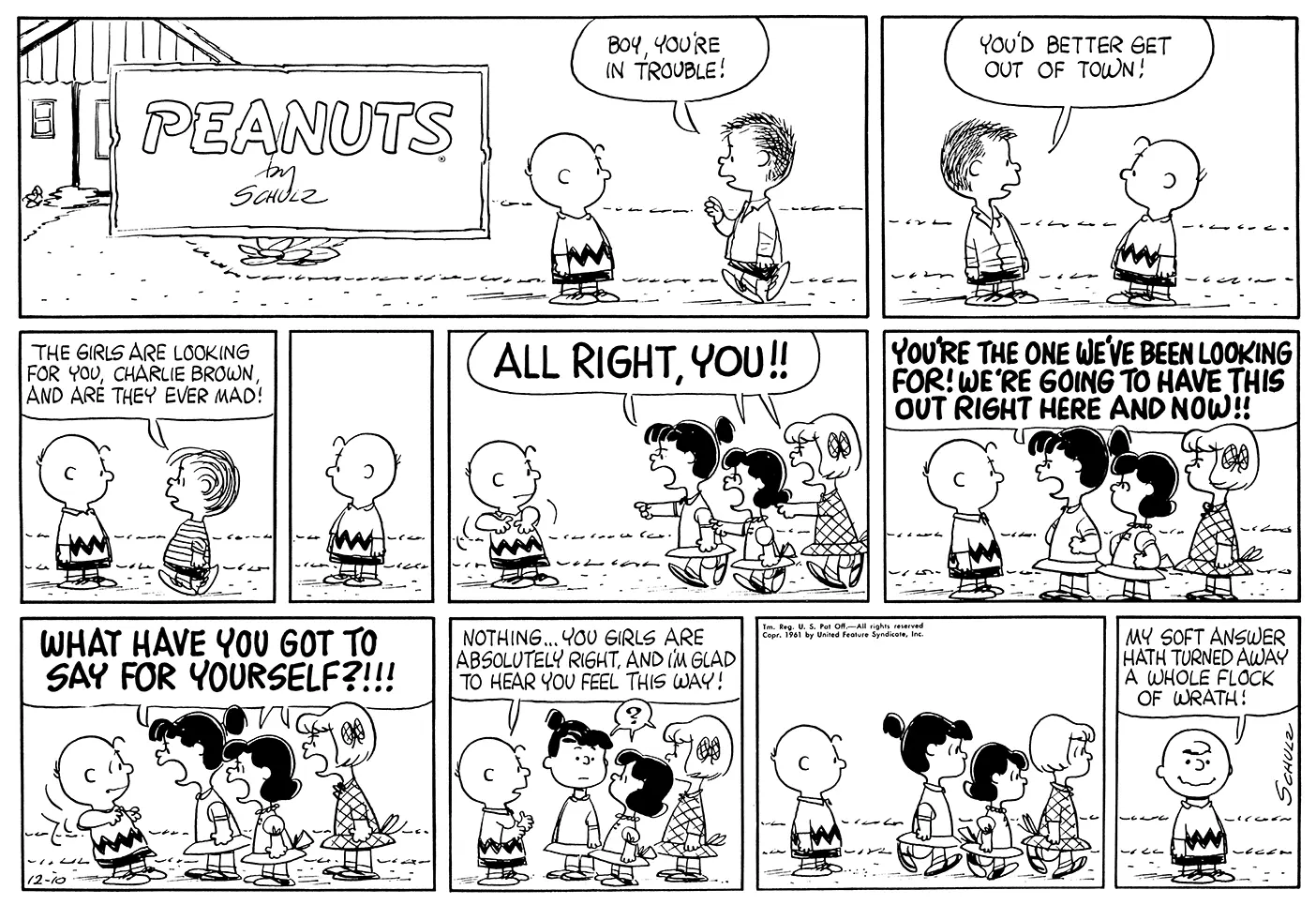 Lucy, Patty, and Violet scold Charlie Brown in a comic of Charles Schulz's Peanuts strip.