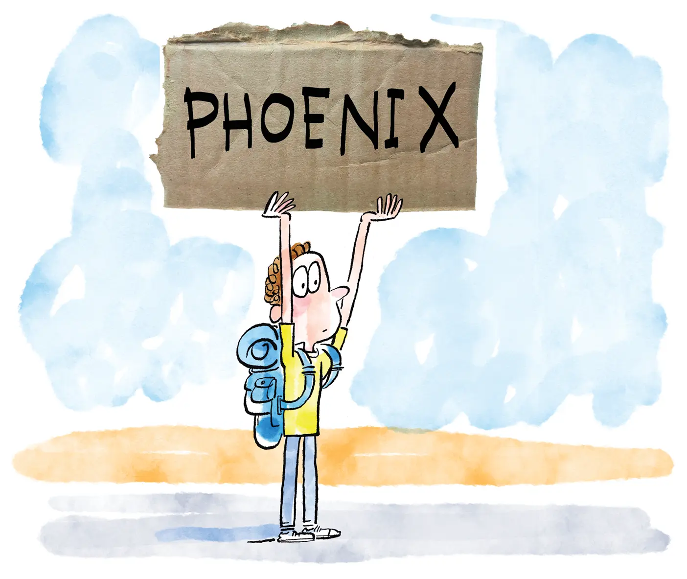 A cartoon hitchhiker holds up a cardboard sign with PHOENIX scrawled on it.