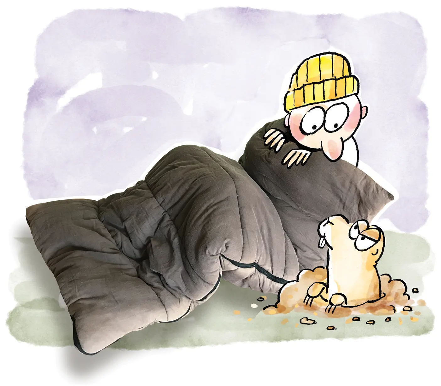A prairie dog pops up next to a man in a sleeping bag.