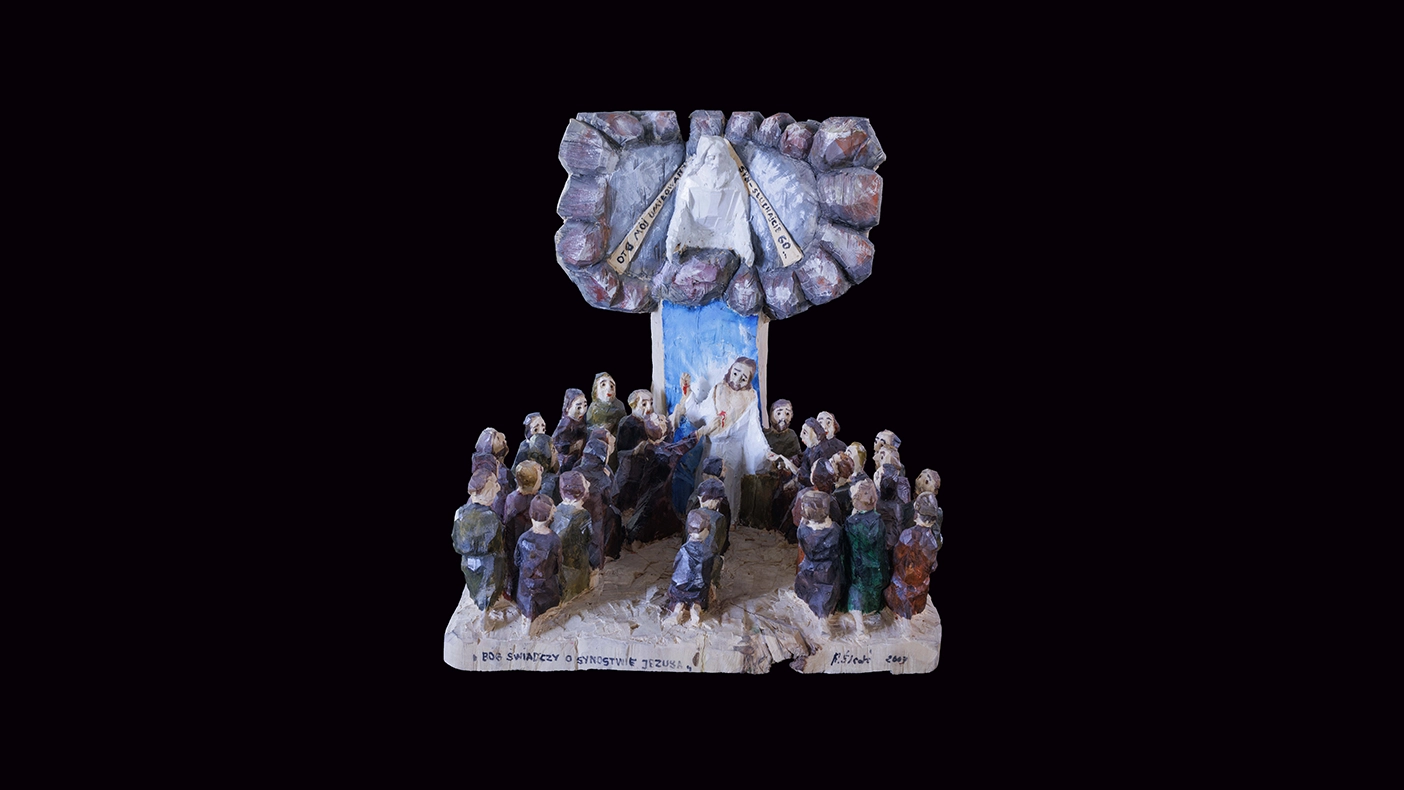 A polish folk-art sculpture of a Book of Mormon scene.