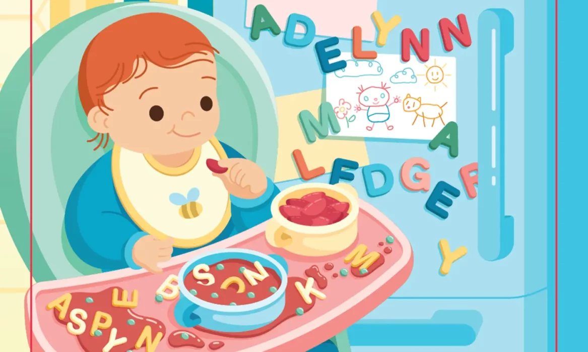 An illustration of two babies—one in a crib, the other in a high chair; both surrounded by letters spelling out baby names with features associated with Utah.