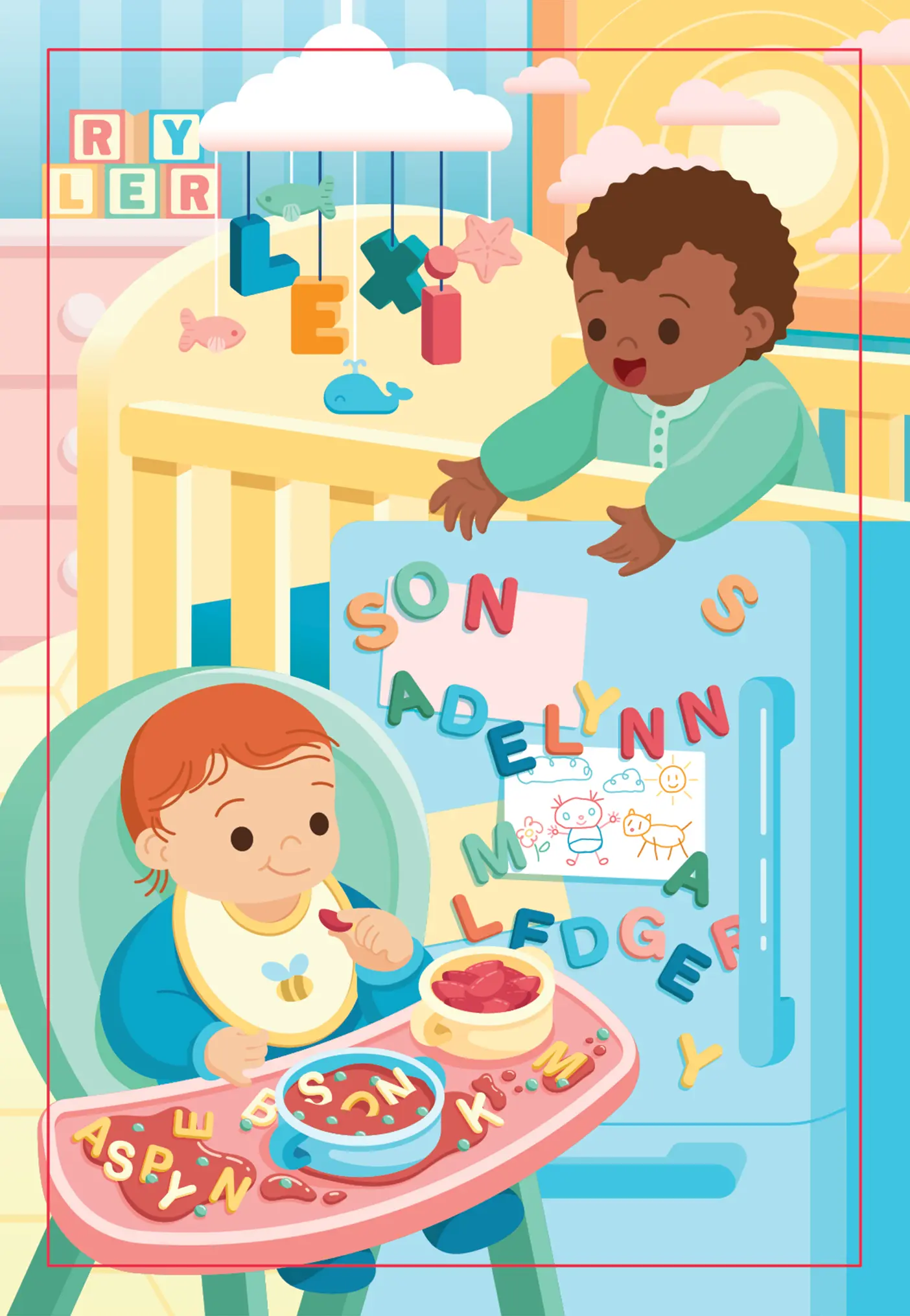 An illustration of two babies—one in a crib, the other in a high chair; both surrounded by letters spelling out baby names with features associated with Utah. 