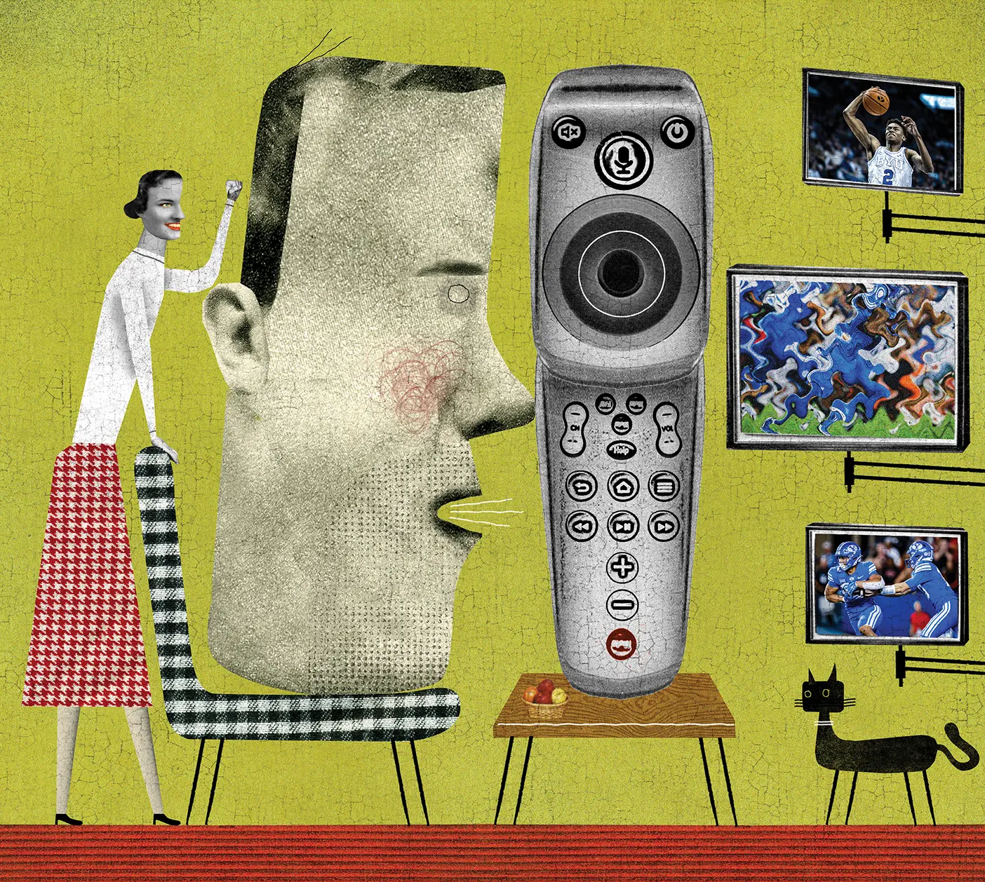 Mixed media design of a man's head speaking into a remote. Woman stands behind.