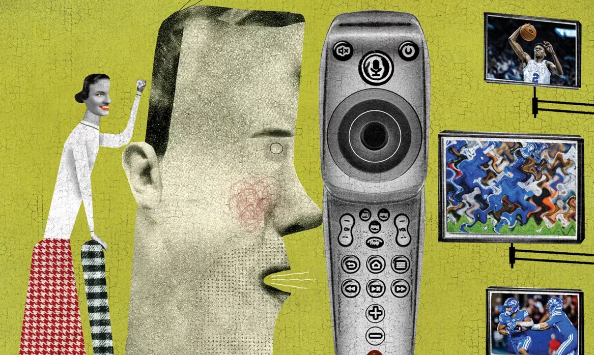 Mixed media design of a man's head speaking into a remote. Woman stands behind.