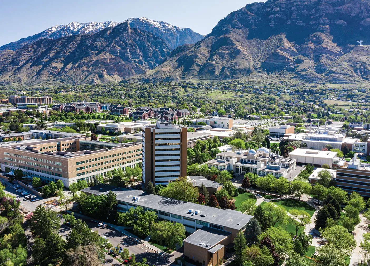 Aerial image of the BYU campus in the summer.