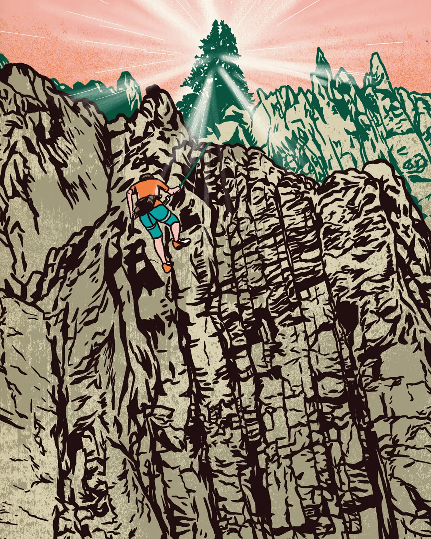 An illustration of a woman climbing in Rock Canyon.
