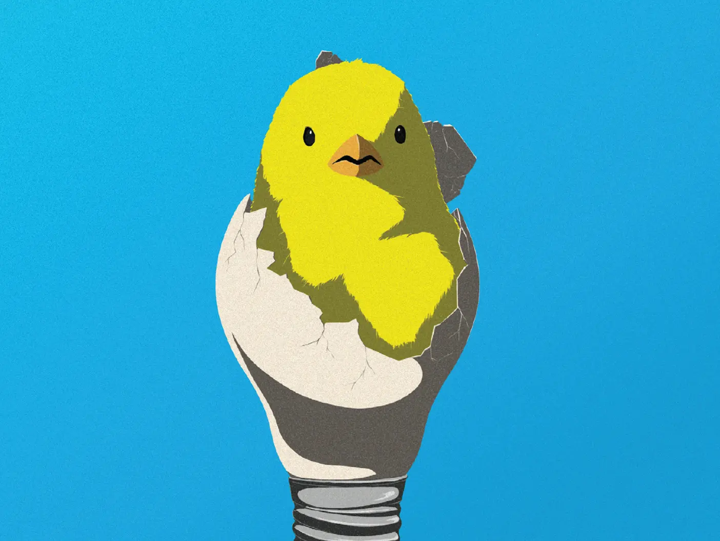 A baby chick hatches out of a lightbulb.