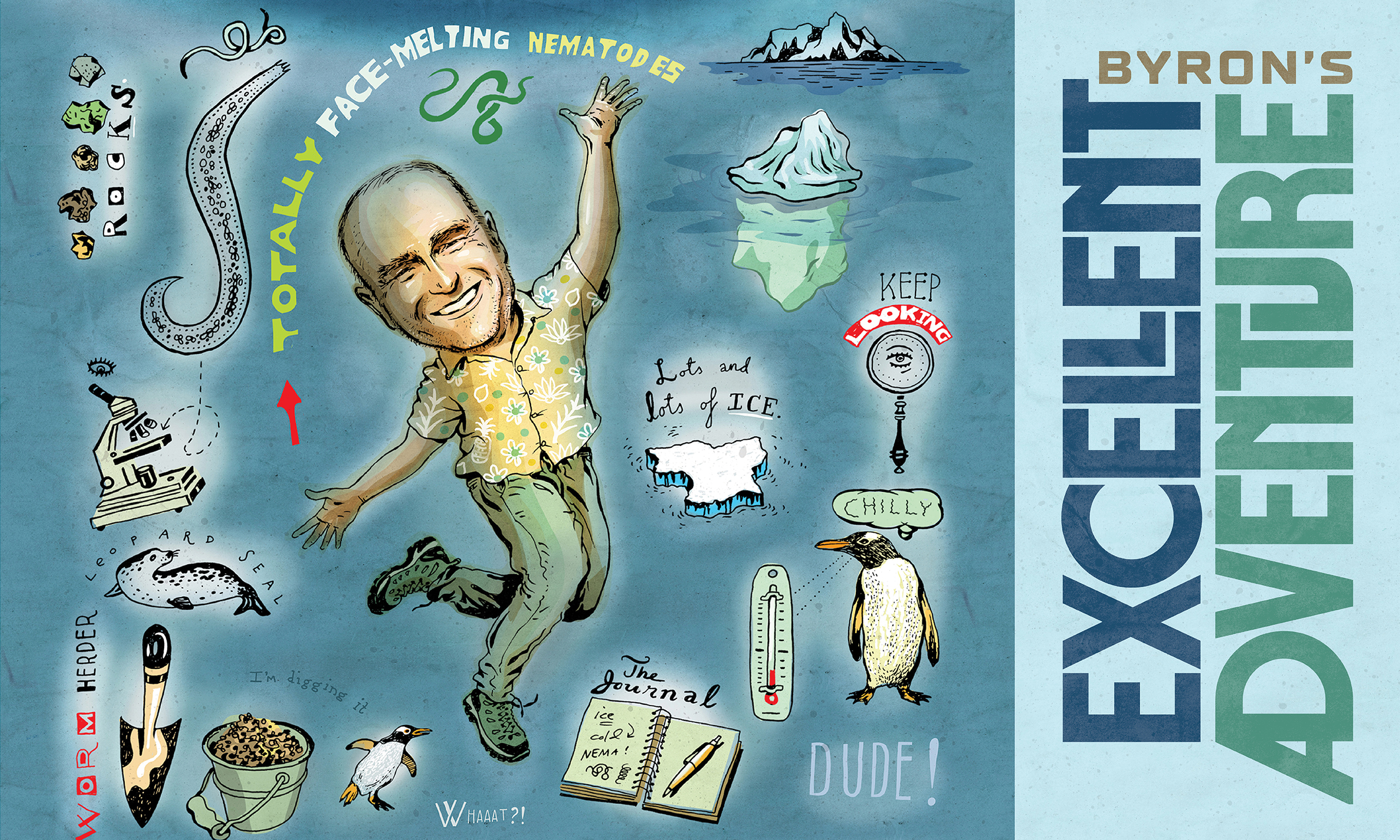 Illustration of BYU biologist Byron Adams researching in Antarctica, with the article headline "Byron's Excellent Adventure." 