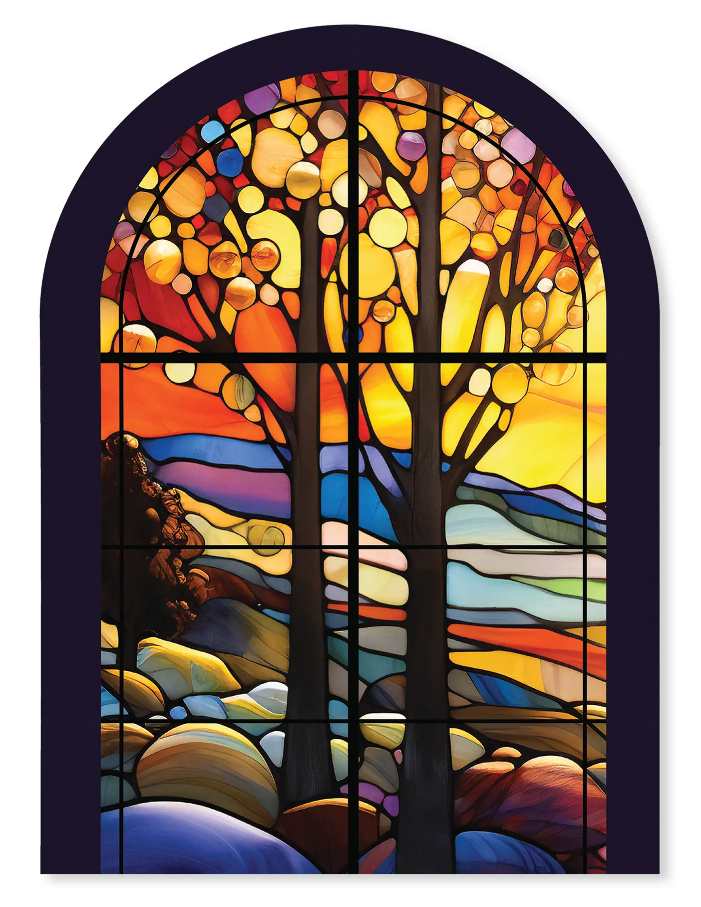Stained-glass window with two trees and a mountains.