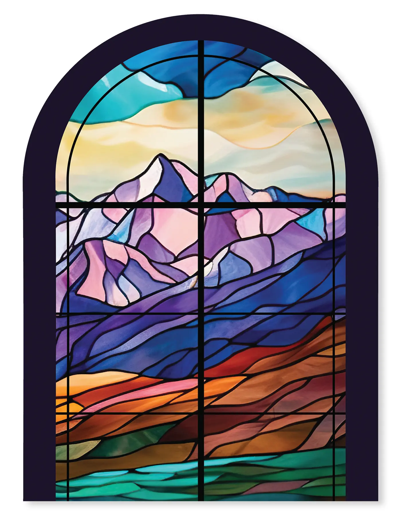 Stained-glass window with mountains and clouds.