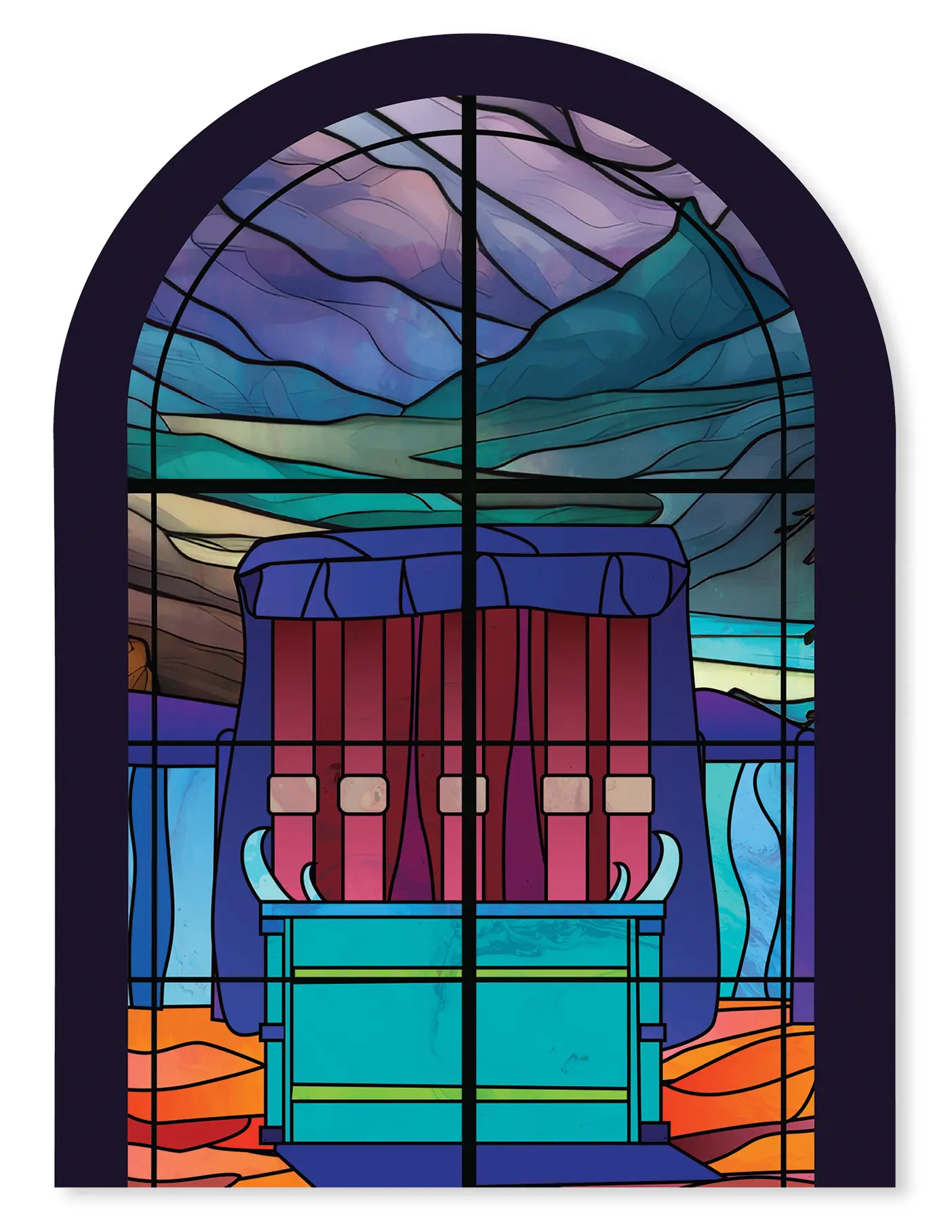 A stained-glass window with an altar.